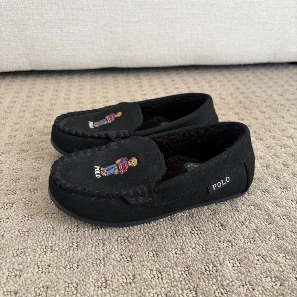 Polo Ralph Lauren Polo Bear Embroidered Moccasin Slippers Boys 13 Black Suede